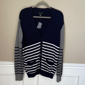 NWOT Striped Navy, Gray and White Cardigan - XL